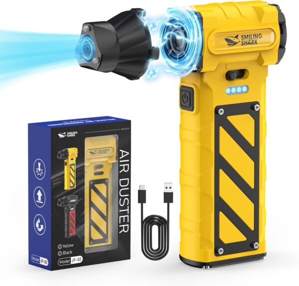 Smiling Shark Compressed Air Duster, 110000RPM Stepless Speed Electric Cordless Air Blower, Emergency Cutter & Hammer - Perfect for Yard/Lawn/Leaf/Dust/PC/Car/Camping, JF-02(Yellow) - Image 2