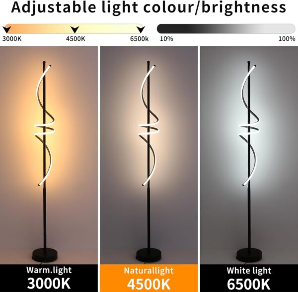 Mikeru Modern Spiral Floor Lamp with Foot Switch, 150cm Living Room Standing Lamp, 3000k/4500k/6500k Dimmable Floor Lamp, Brightness Adjustable 10%-100% Reading Lamp for Bedroom, Office, Study Room - Image 4