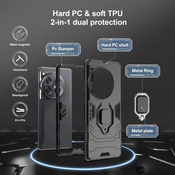 Btstring Case for Oneplus 12, Shockproof Tough Armour Phone Case, Heavy Duty Personalised Case with Stand, Black - Image 4