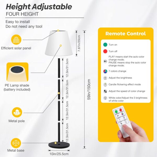 Solar Floor Lamp Outdoor Lamps for Patio Waterproof,Rechargeable Cordless Floor Lamp with Light Sensor,Brightness Dimmable Warm White+RGB LED Outdoor Lamp for Lawn,Pool,Garden. - Image 7