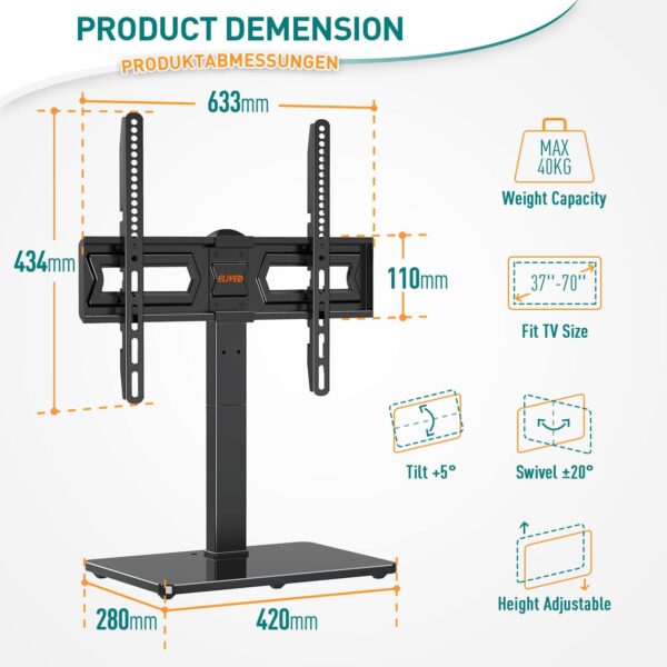 ELIVED Swivel Table Top TV Stand for most 37"-70" TVs with Max VESA 600x400mm up to 40KG, Height Adjustable TV stand for Plasma, LCD, LED, OLED Flat/Curved TVs, Universal Table Top TV Stand EV017 - Image 7