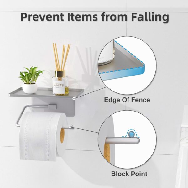 Niffgaff Toilet Tissue Holder with Shelf, Toilet Paper Roll Holder, Wall Mounted or Self Adhesive, Silver - Image 4