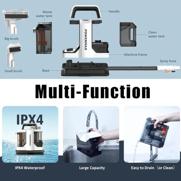 Portable Carpet Cleaner Machine, 750W Handheld Spot & Stain Carpet Cleaner Machine, 15Kpa Fabric Steam Cleaner Pet Stain Remover with 2 Brush Head, Clean Water Tank,for Home - Image 7