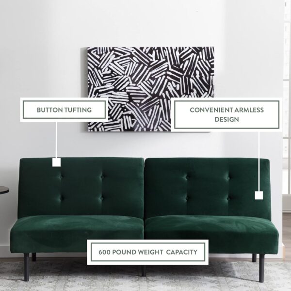 Edenbrook Gilman Futon - Futon Sofa Bed - Armless, Tufted Back, Forest Green Velvet - 68.5" x 33.8" x 29.7" - Living Room - Image 4