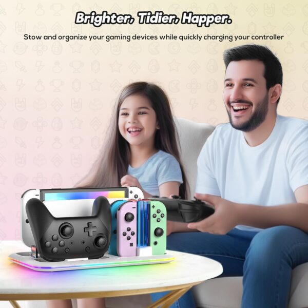 RGB Switch Controller Charger for Nintendo Switch&OLED Model with Led Light,for Joycon with Switch Pro Controller Charger, Switch Charging Station Dock Organizer with 8 Game Slots& USB Cables - Image 8
