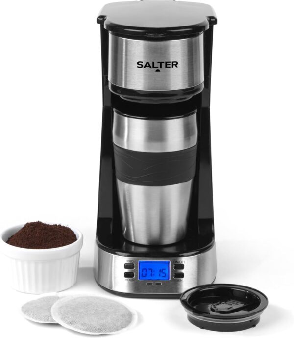 Salter Digital Coffee Maker – One Cup Filter Coffee Machine, Washable & Reusable Filter, Includes 420ml Stainless Steel Travel Mug, 3-4 Minutes Brewing, Suitable For Ground Coffee / Pads, Timer, 750W - Image 8