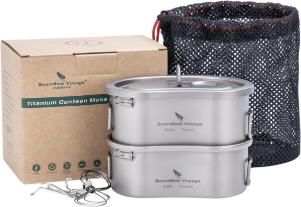 iBasingo Titanium Canteen Cups Kidney-shaped Camping Pot Bowl Set with Lid & Hanging Chain Ultralight Kitchen Cookware Cooking Mess Kit 300ml+600ml for 1 man Outdoor Hiking Activitives Ti2046C - Image 10