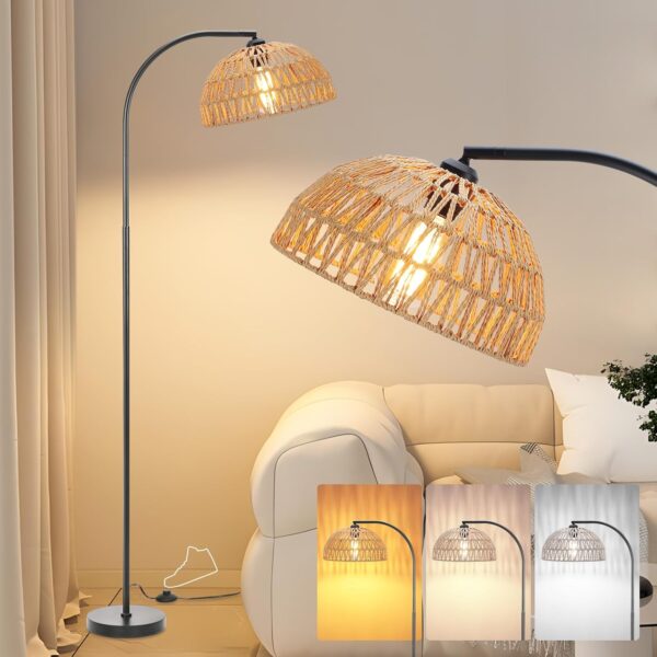 Winverty Arc Floor Lamp for Living Room Farmhouse 65" Tall Floor Lamp with ON/Off Foot Switch, Bedroom Black Standing Lamp, Adjustable Rattan Lamp Shade Boho Floor Lamps, Over Couch Reading Lamp - Image 2