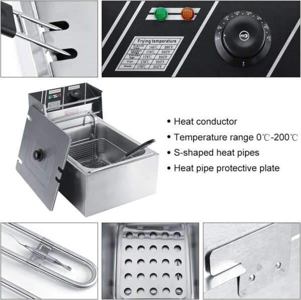 Stainless Steel Deep Fat Fryer, Electric Deep Fryer Adjustable Temperature Control Fryer with Removable Oil Basket 6 L Deep Fat Fryer Easy Clean for Home and Commercial Use - Image 5