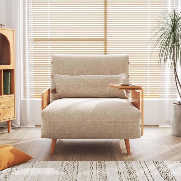 Leomix Modern Convertible Sofa Bed, 3 in 1 Sleeper Chair Bed Futon, Ideal for Small Space Apartment, Living Room, Guest Room, Office, Beige Linen & Wood - Image 4