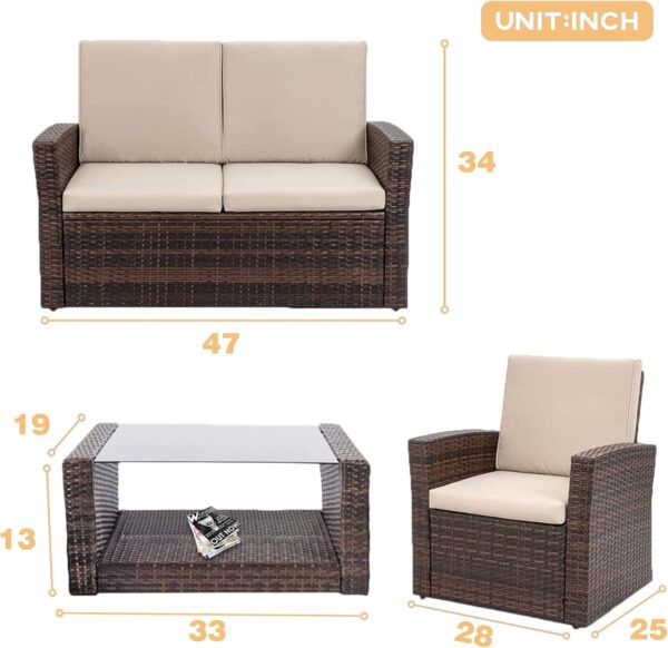 4 Pieces Patio Conversation Set, Outdoor PE Rattan Wicker Sofa Furniture Set with Soft Cushions and Glass Coffee Table for Backyard Lawn Garden Balcony Porch Poolside,Brown - Image 8
