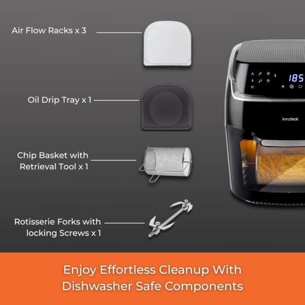 Innoteck Kitchen Pro 12L Digital Air Fryer Oven - 1800W, 8 Presets, Rotisserie function Large Digital Touch Panel Dishwasher Safe Accessories - Black & Silver - Image 8