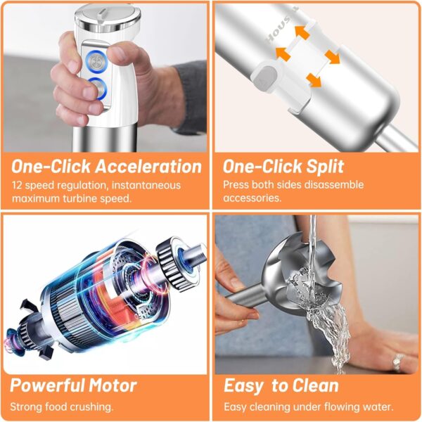 Hand Blender, 5-in-1 Stainless Steel Electric Stick Blender 1000W, 12 Speeds Adjustable, Baby Food Blender with Egg Whisk, Frother, 500ml Chopper, 600ml Measuring Cup, BPA Free Food Processor - Image 8