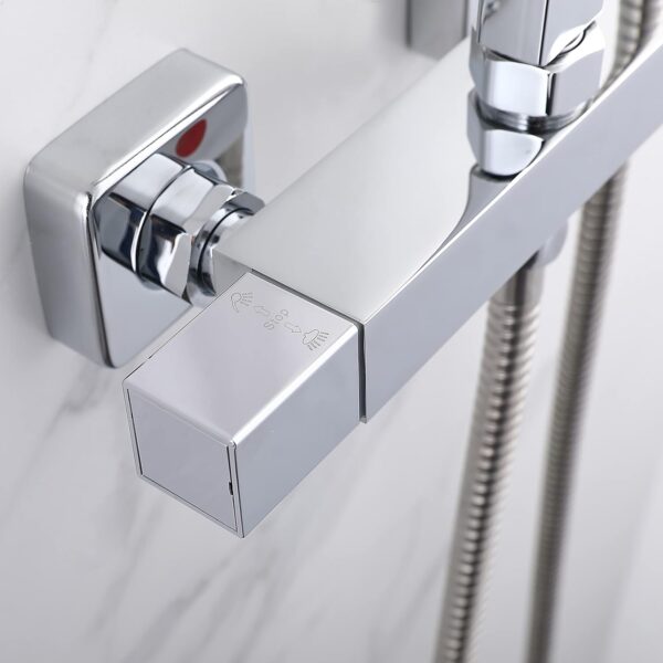 Huibathroom Thermostat Shower System, Square Thermostatic 38 °C Shower Mixer Set with Rainfall Shower Head, Handheld Shower, Riser Rail, Adjustable Height Anti Scald Chrome Shower Set - Image 8