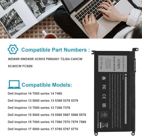 WDX0R 42WH Laptop Battery Replacement for Dell Inspiron 13 15 5000 7000 Series 5570 7579 7378 5567 7573 5565 5379 5378 Latitude 3490 3590 3340 3400 3390 3500 3190 5468 5568 P69G 3CRH3 WDXOR 11.4V - Image 4