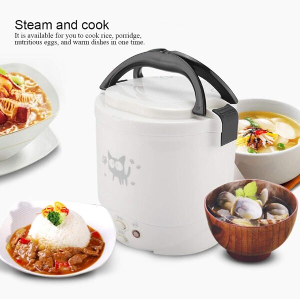Mini Rice Cooker, 12V 100W 1L Electric Food Steamer, 2 Cups Portable Travel Steamer Small, All-in-1 Multi Cooker Stainless Waterproof Non-Stick Pot(White) - Image 3