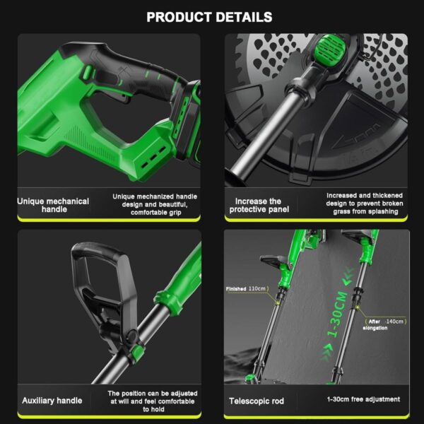 QYOEGSQ Garden Cordless Strimmer with 3 Types of Blades,Electric Brushless Grass Strimmer with Gloves, Goggles,2 x 3000mAh Batteries, 1-30cm Retractable Lawn Mower, for Garden Lawn - Image 7
