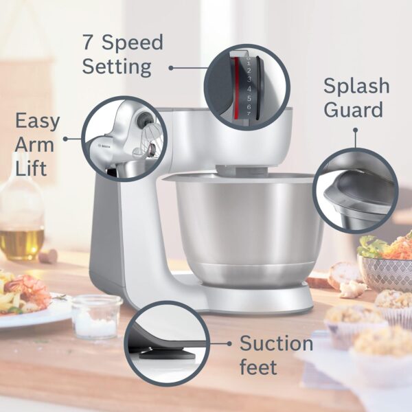 Bosch CreationLine 7 in 1 Stand Mixer MUM58259GB with 11 accessories, 7 Speeds, dough hook, whisk, beater, blender, juicer, mincer, shredder, 1000W, White/Silver - Image 4