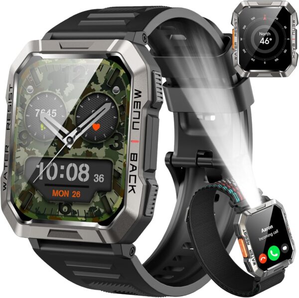 Smartwatch Men Military, 100 Days Battery Life/LED Flashlight/Compass/2 Wristbands/IP68 Waterproof, 100+ Sports Modes Sports Watch, Make/Receive Calls Smartwatch Outdoor Fitness Watch for Android iOS - Image 2