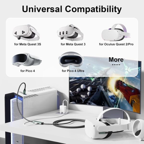 Juseisin Link Cable for Meta Quest 3, 3S, Oculus 2, 1, Pico 4 VR Headsets PC, Separate Charging Port, Play While Charger, No Latency, USB 3.0 to USB-C (5m) - Image 4
