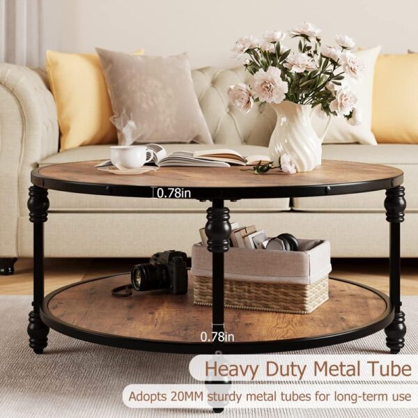 IDEALHOUSE Round Coffee Table for Living Room Rustic Center Table with Storage Shelf Wood Circle Coffee Table with Sturdy Metal Frame, Easy Assembly(Brown) - Image 8