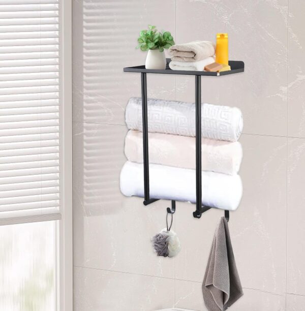Gzsekken Wall Mounted Towel Rack,Towel Holder Towel Storage with Metal Shelf & 3 Hooks,Steel Towel Rack for Bathroom Wall, Can Hold 3 Large Size Rolled Towel Holder Organizer, Black - Image 3