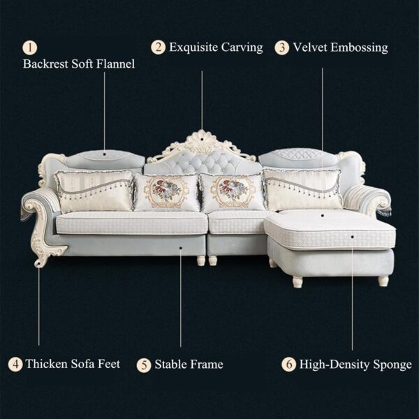 WTTTTW Modern Fashion Living Room Sofa w/Corner Chaise Longue, Farmhouse Decoration L Shape Velvet Fabric Sectional Sofa Couch, Removable & Washable Solid Wood Sofa, Light Blue - Image 7