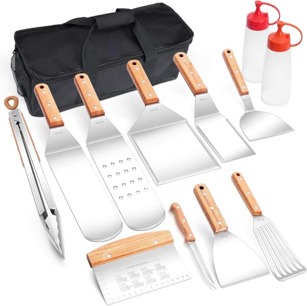 22Pcs Griddle Accessories Kit(18/10 Stainless Steel), Joyfair Outdoor Flattop Grill Accessory Set, Commercial Grade BBQ Tools for Camping Grilling Cooking, Rust-Free & Easy Cleaning (Wooden Handle) - Image 2