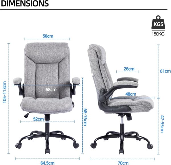 MZLEE Executive Office Chair, Ergonomic Computer Desk Chair Swivel Work Chair with Flip-up Armrest, Adjustable Height, Comfortable for Office Home Gaming(Grey Fabric) - Image 8