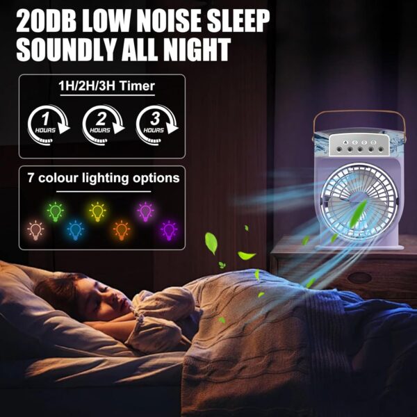 Portable Air Conditioner Fan 600ML, 4 in 1 Personal Mini Cooling Fan with Water Mist Spray, Quiet Air cooler Fan With 1/2/3 H Timer 3 Speeds, 7 Colors LED Night Lights, Personal Evaporative Coolers - Image 5