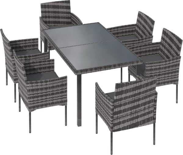 7 Pieces Grey Garden Dining Table and Chairs Outdoor Rattan Furniture Set with Rectangular Glass Top Weatherproof Wicker Rattan Outdoor Conservatory 6 Seater Patio Furniture Set - Image 3