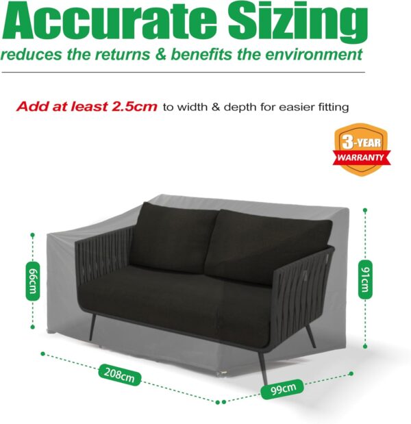 F&J Outdoors Garden Sofa Cover Waterproof 208x99x66/91cm Patio Covers for Outdoor Furniture Garden Bench Covers 3-4 Seater High Density Grey Heavy Duty Chair Cover Rainproof Fabric Sofa Protector - Image 3