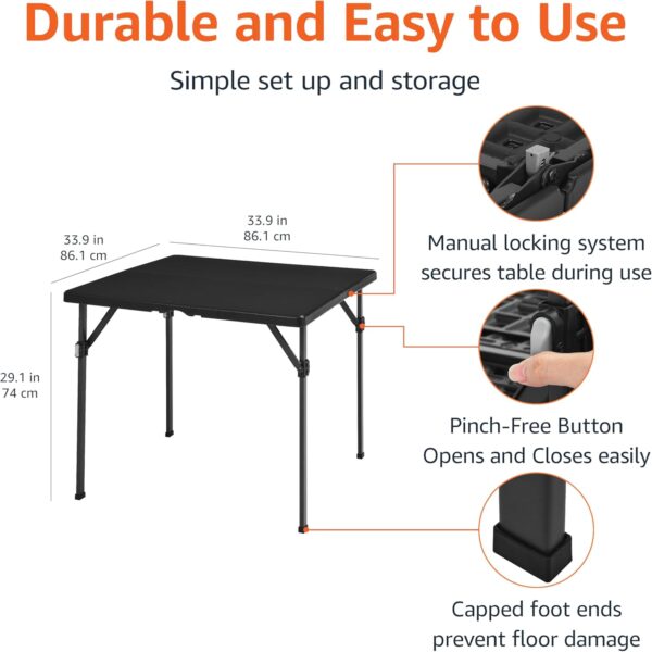 Amazon Basics Square Folding Table with Carrying Handle, Indoor & Outdoor, Portable, Lightweight, Travel and Dining Table, Picnic, Camping, Black, 86.1 x 86.1 x 74 cm - Image 3