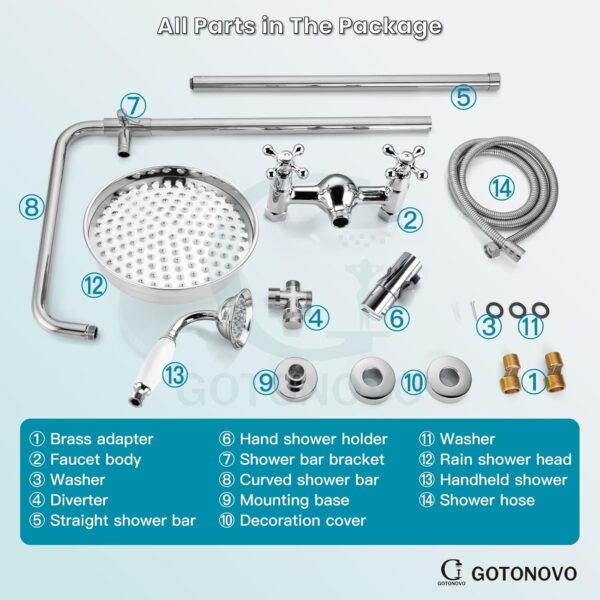 gotonovo Luxury Exposed Shower Faucet Set Bathroom Shower System 8 Inch Wall Mount Rainfall Shower Head with Handheld Spray Cross Double Handle Shower Fixture Adjustable Straight Rod Polish Chrome - Image 10
