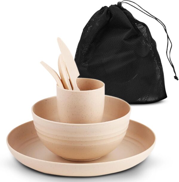 AdvntrPro 5pc Camping Cutlery Set for 1 with Travel Bag - Camping Plates and Bowls Set for 1 with Picnic Plates and Bowls, Reusable Cutlery, Cup and Travel Bag for Outdoor Dining (Beige) - Image 2