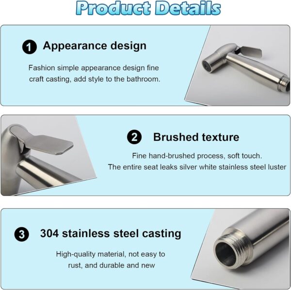 Bidet Shower Kit, Stainless Steel Bidet Hand Shower for Bidet Toilet Shower with 2 Way Shower Diverter, 1.5m Spring Hose and Hand Shower Holder - Image 6