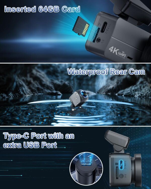 DYNACAM Dash Cam Front and Rear 4K+1080P, Dash Cam Inserted 64GB SD Card, Built-in WiFi Dash Camera for Cars, Super Night Vision Dashcam, 24H Parking Mode, G-Sensor, Loop Recording Car Camera - Image 8
