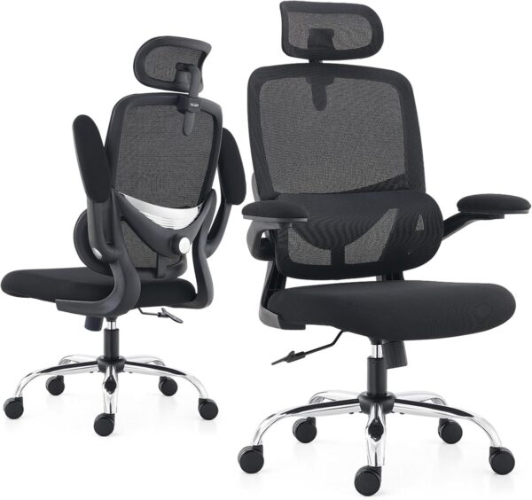 TONFARY Ergonomic Office Chair - High Back Mesh Design with Adjustable Lumbar Support, Flip-Up Armrests, Removable Headrest & 360° Swivel - Space-Saving for Home, Work, or Gaming - Black - Image 10