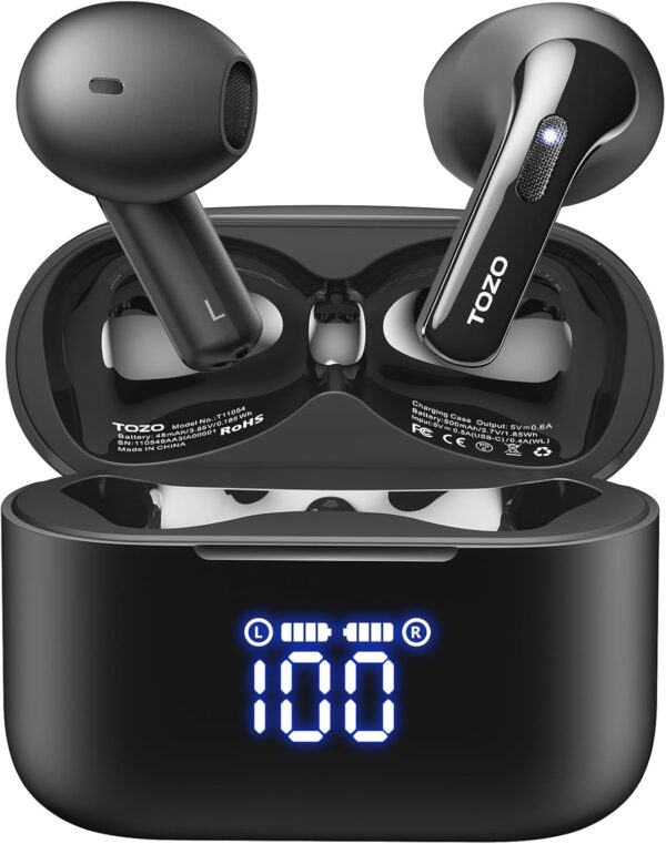 TOZO T21 Wireless Earbuds, Bluetooth 5.3 Earphones, Semi In Ear Buds, Dual Mic Call Noise Cancelling Earphones, Bluetooth Earbuds with Wireless Charging Case, IPX8 Waterproof, 44H Playtime - Image 2