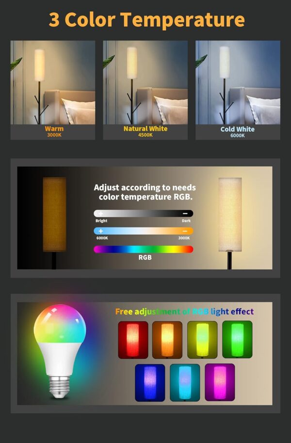 ELINKUME Floor Lamps for Living Room, 67" Modern Standing Lamp with Clothes Hanging Pole, RGB Dimmable Tall Lamp for Bedroom, Office, Corner, Includes 9W Bulb - Image 3
