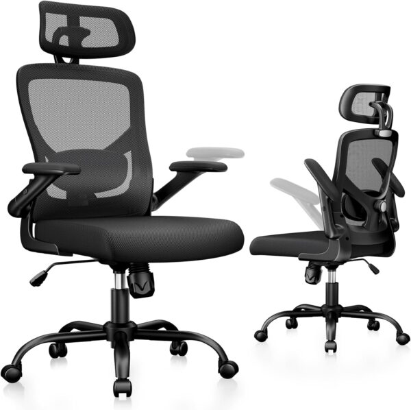 Marsail Ergonomic Mesh Office Chair High Back Desk Chair Adjustable Lumbar Support with Headrest Flip-Up Liftable Arms Swivel Computer Task Chair, Black - Image 2