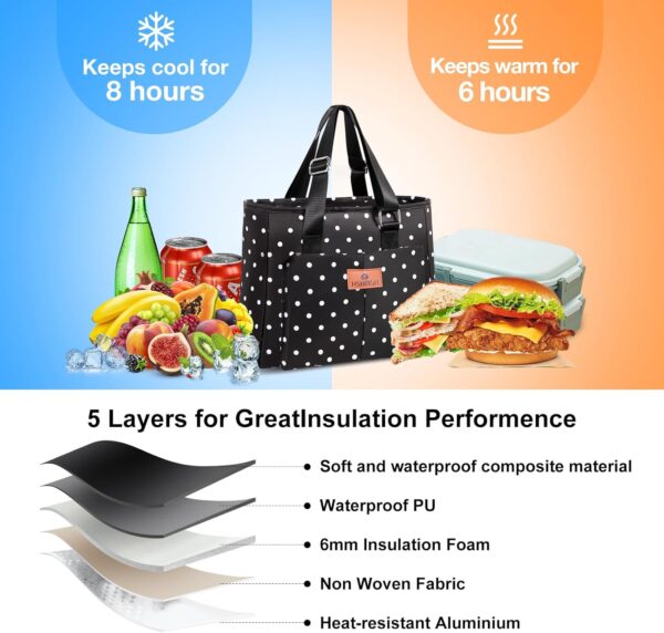 HSHRISH Women's Thermal Lunch Bag Waterproof Leak Proof Fridge Lunch Office Bag, Reusable Work Food Bag for Shopping School Travel Camping Picnic, 12L BlackA - Image 4