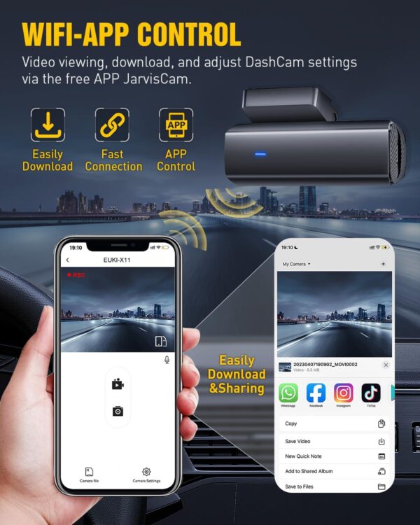EUKI 4K Dash Cam Front and Rear with WiFi, Dual Dashcam, Car Camera with Parking Monitor, Night Vision, WDR, G-Sensor, Loop Recording, App Control,24 hour Parking Mode, 64GB SD Card Included - Image 5