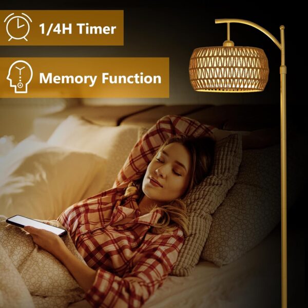 Rayofly Rattan Floor Lamp with Remote Control, Gold Floor Lamp with Dimmable LED Bulb & Foot Switch, Boho Standing Lamp with Double Shades, Modern Floor Lamp for Living Room, Tall Lamp for Bedroom - Image 8