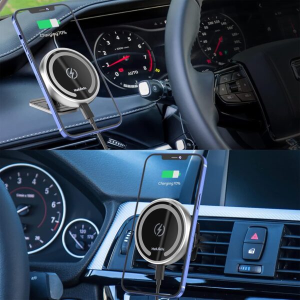 MAGJIEYX for Magnetic Magsafe Car Charger Mount, Wireless 15W Fast Charging Phone Holder Compatible with iPhone 15,14 Pro Max,13,Plus 12, Mini,MagSafe Case,Stick On Dashboard and Air Vent (Silver) - Image 4