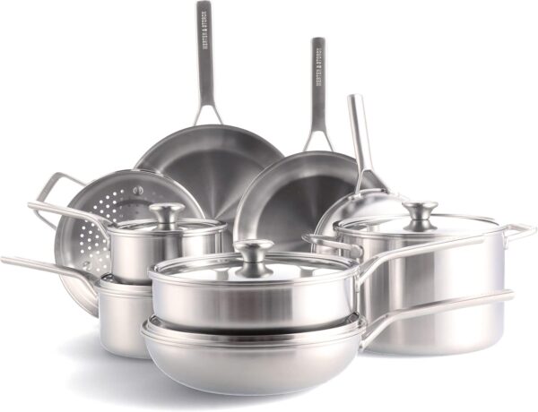 Merten & Storck Tri-Ply Stainless Steel Induction 14 Piece Cookware Pots and Pans Set, Includes Frying Pans, Saucepans, Stockpot, Lids, Steamer, Multi Clad, Induction, Oven Safe, Silver - Image 2