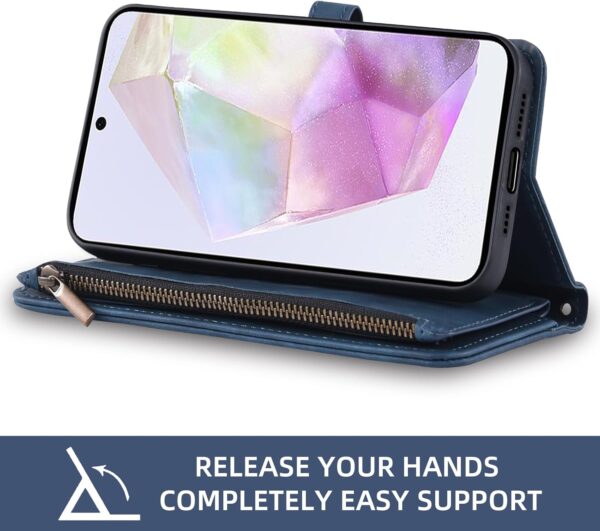 Asuwish Phone Case for Samsung Galaxy A35 5G Wallet Cover With Screen Protector and Crossbody Wrist Strap Leather Flip Pattern Zipper Credit Card Holder Stand Cell SM-A356E A356B A356U Women Men Blue - Image 4