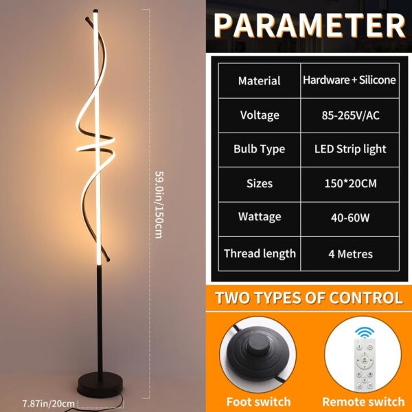 Mikeru Modern Spiral Floor Lamp with Foot Switch, 150cm Living Room Standing Lamp, 3000k/4500k/6500k Dimmable Floor Lamp, Brightness Adjustable 10%-100% Reading Lamp for Bedroom, Office, Study Room - Image 3