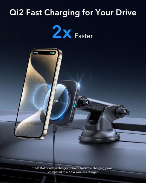 ESR for Qi2 15W MagSafe Car Mount Charger, Dashboard/Windshield Qi2-Certified Magnetic Phone Holder Car Wireless Charger for iPhone 16 Pro Max Plus 15 14 13 12 Mini, S25, Fast Charge MagSafe Accessory - Image 4