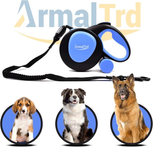AMRALTRD 360° Tangle-Free Retractable Dog Lead for Up to 30 kg Dogs, Strong Heavy duty Nylon Extandable Leash One-Handed Brake, Pause, Lock (Small, Medium & Large, Blue/Black) - Image 6